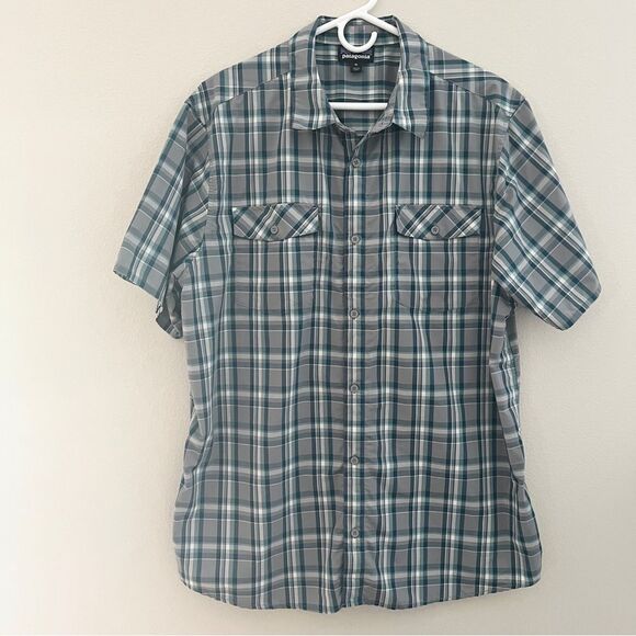 Patagonia M's High Moss Shirt Men Size XL Short Sleeve Plaid Blue - Picture 1 of 5